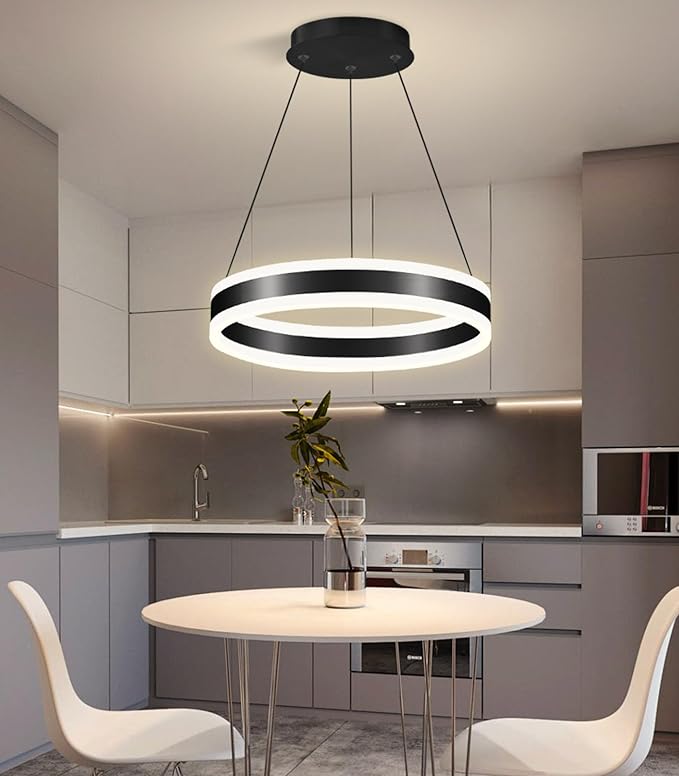 D15.7'' Modern Ring Chandelier for Dining Room LED Dimmable Pendant Lighting High Ceiling Chandelier for Living Room Foyer Bedroom Entryway 3000K-6000K Black