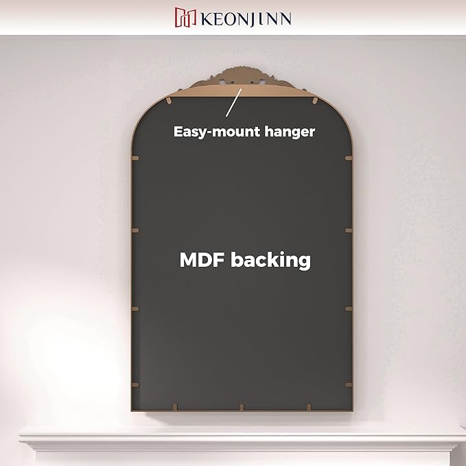 Keonjinn Vintage Gold Mirror 20" x 30", Arched Decorative Mirrors for Wall Decor, Antique Mirror Bathroom, Ornate Baroque Brass Mirror for Mantle, Entryway, Living Room, French Cleat Mounting