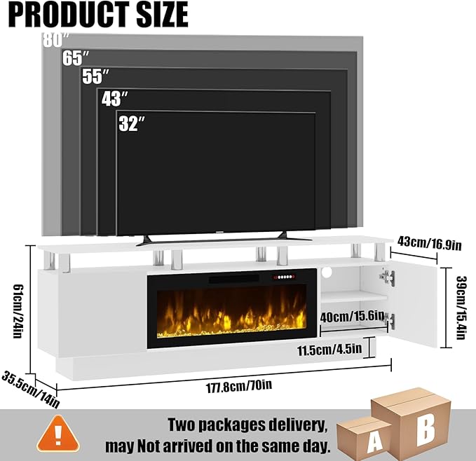 70" Modern Fireplace TV Stand with 36" Electric Fireplace for TVs Up to 80 inch, Luxury LED Light Entertainment Center with High Gloss Cabinet, TV Consoles for Living Room, White