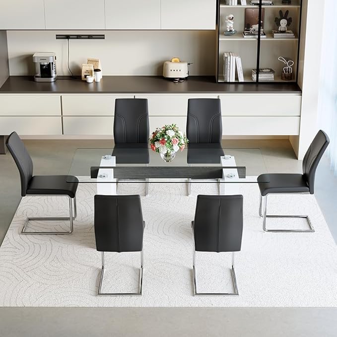 FURNITO Modern Dining Table Set for 6, Kitchen Table and Chairs for 6,71 in Glass Dining Table with 6 PU Leather Dining Chairs for Kitchen Dining Room（White Table+6 Black Chair）
