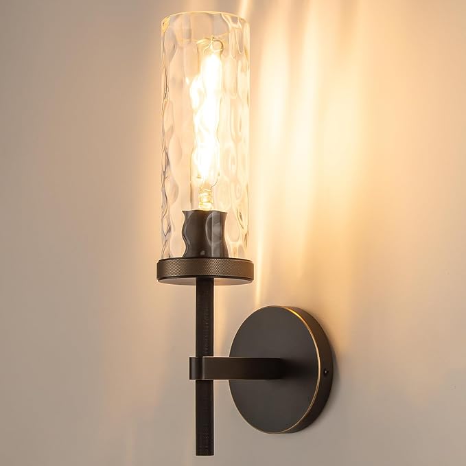15" Knurled Brass Wall Sconce with Water Ripples Glass Tube, Black Gold Bathroom Vanity Light Fixtures, Modern Lamp Lighting for Bedroom, Living Room, Hallway, Staircase, Mirror, Kitchen