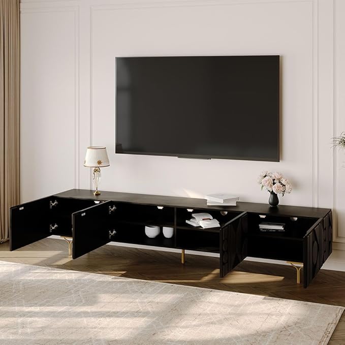 POVISON 94'' Smoky Black Fully Assembled TV Stand with Storage, Mid Century Modern TV Stand, Entertainment Center for Living Room, Wood Media Console TV Cabinet for 85 Inch TV, Metal Legs