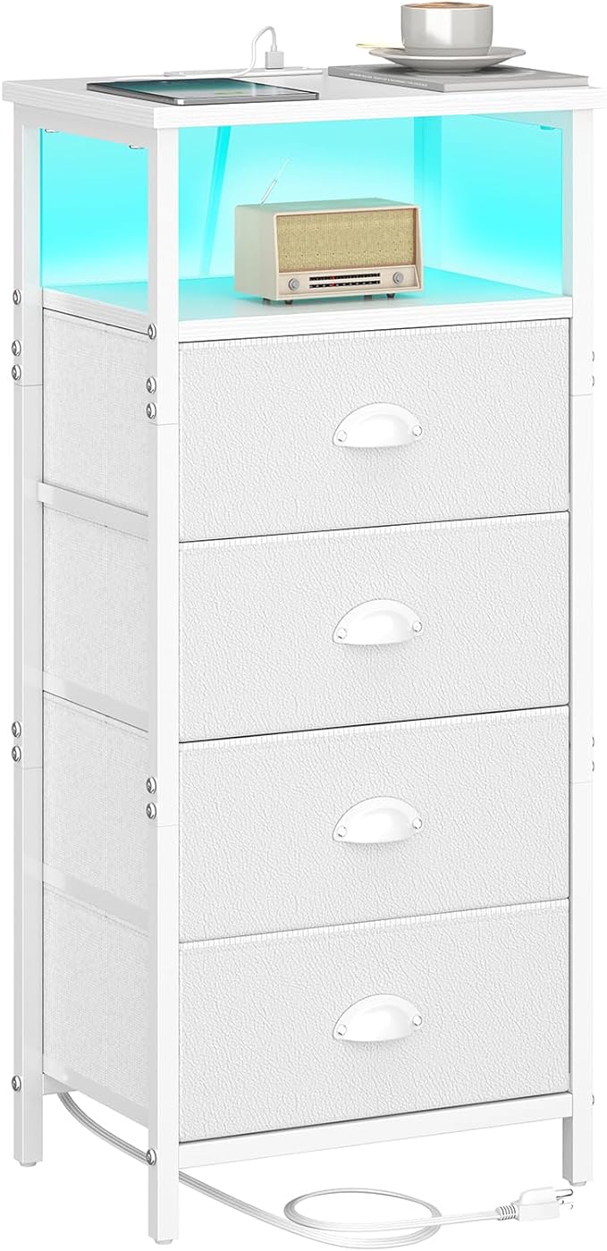 Nightstand with Charging Station,LED White Nightstand with 4 Fabric Drawers PU Finish, Bedside End Tables, 2-Tier Open Storage Shelf Side Table Nightstand with Drawers for Bedroom,White
