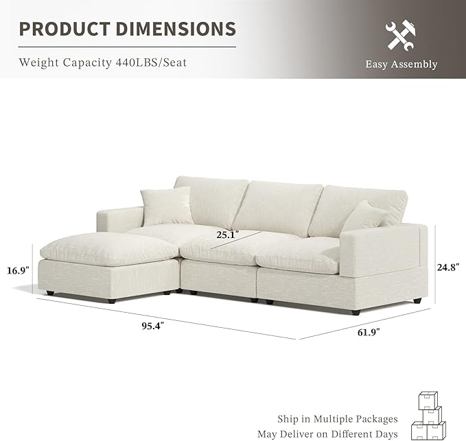 Cloud Couch Modular Sectional Sofa, 95.4" 4-Seater L Shaped Sectional Couches for Living Room, Convertible Cloud Sofa with Ottoman, Down Filled Wide & Deep Seat, Removable Washable Cushion Covers