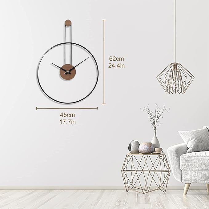 YISITEONE Medium Decorative Wall Clock for Living Room,Metal & Walnut Dial Home Decor Silent Non Ticking Lightweight Clocks for Bedroom, Study, Office Decorations, 24.4" X 17.7",Black