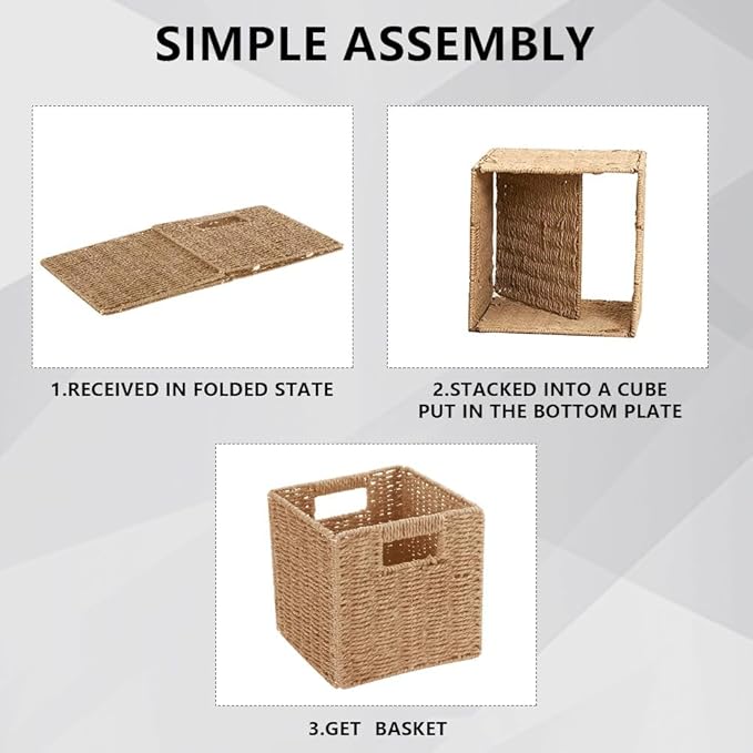 6 Pack 8.7 Inch Wicker Baskets, Hand Woven Paper Rope Storage Baskets, Foldable Cube Storage Bins Organizer Square Wicker Cubes for Shelves Pantry Organizing & Decor