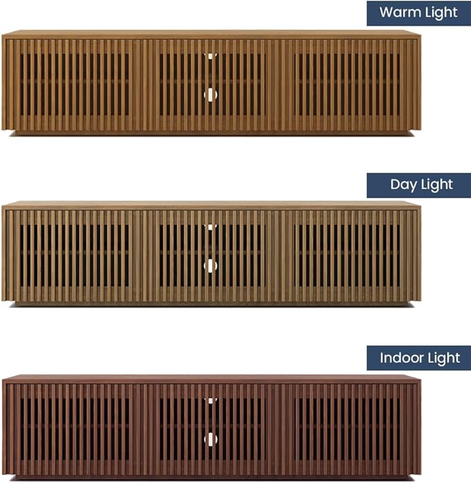 POVISON Full Assembled Mid Century Modern TV Stand, Wood Slatted Media Console for 65 inch TV, Entertainment Center with Storage for Living Room, Low Cabinet with Removable Shelves