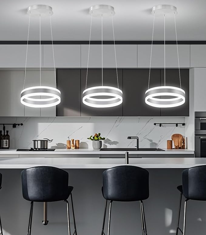 D7.8'' Modern Ring Chandelier for Dining Room LED Dimmable Pendant Lighting High Ceiling Chandelier for Living Room Foyer Bedroom Entryway 3000K-6000K Silver
