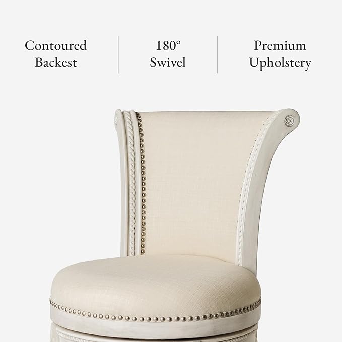 Maven Lane Pullman Counter Stool 26 Inches – Set of 2 – Swivel Stools with Footrest – Cream Solid Wood Frame & Natural Fabric Upholstery – Perfect for Kitchen Islands & Counters