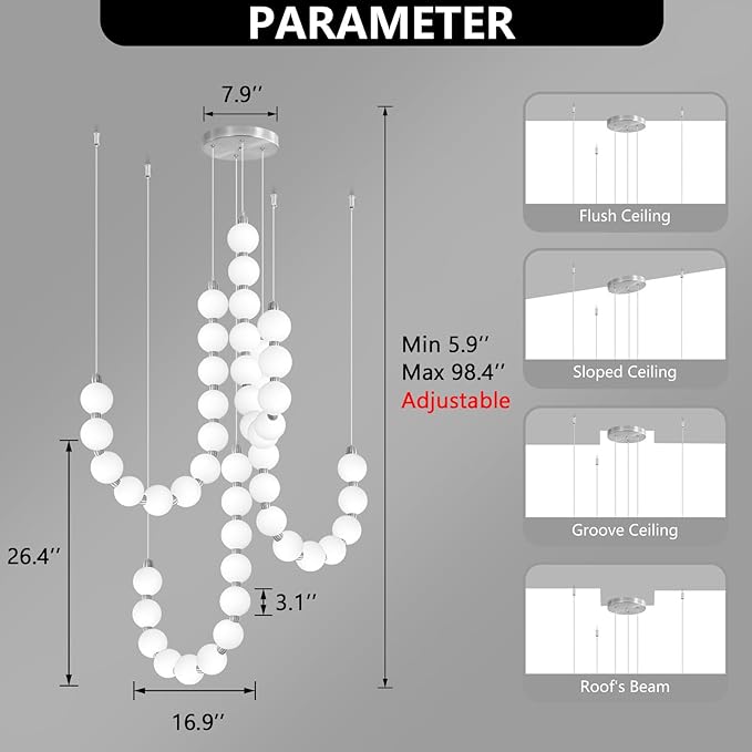 Modern Chandeliers LED Dimmable Light Acrylic Balls Ceiling Pendant Lighting for Living Room Dining Room Bedroom Adjustable Hanging Lights 90 Watts Silver Lamp