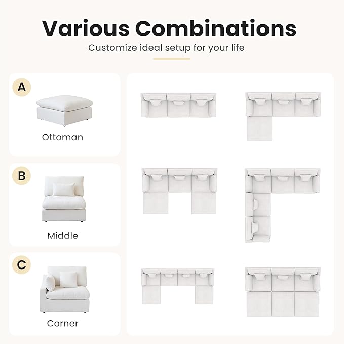 Cloud Couch Modular Sectional Sofa,82.68" L Shaped Couch,Down Filled Convertible Wide Seater, 2 Seater+Ottoman for Living Room Set,Covers Washable&Replaceable,White