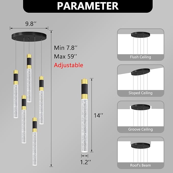 5-Lights Chandelier Kitchen Island LED Pendant Lights Dimming Lighting Modern Crystal Adjustable Hanging Light