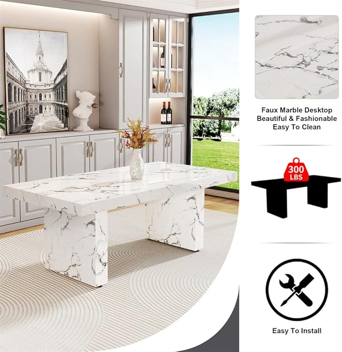 79'' Dining Table Set for 6, Dining Room Table Set for 6, 3.5'' Thick Faux Marble Table Top, MDF Table Legs, PU Ergonomic Dining Chair, for Dining Room