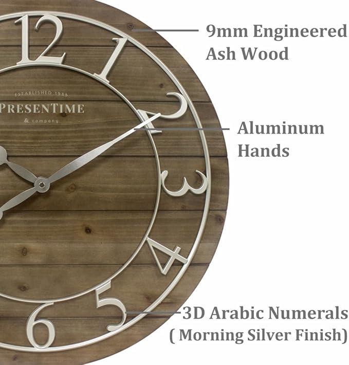 Presentime & Co Vintage Farmhouse Shiplap Clock, 19.5 inch, Silver Arabic Numerals with Weathered Pine Wood Shiplap Style. Large Farmhouse Decor for Living Room, Entryway, Home Office, Wall Décor