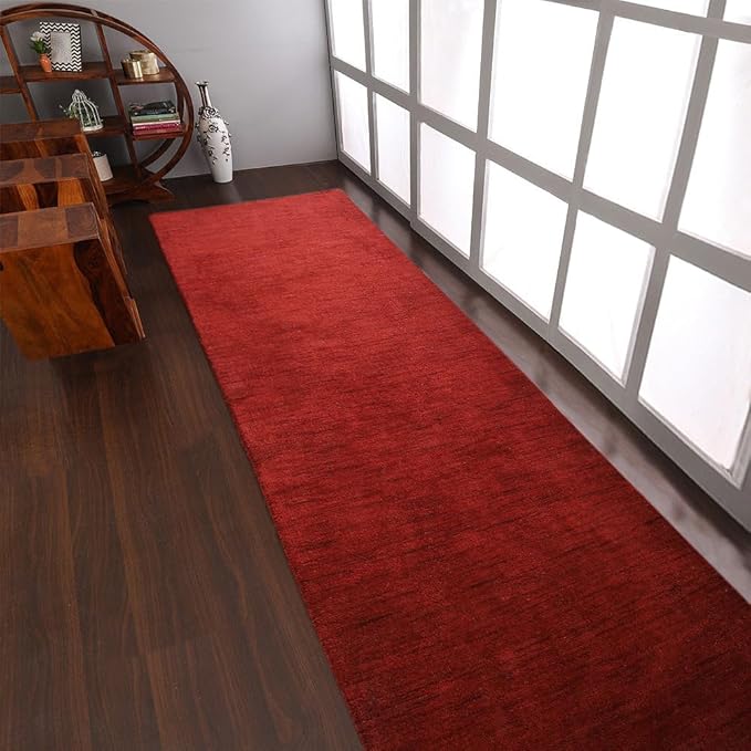 Hand Knotted Loom Wool ECO-Friendly Area Rugs - 2'6''x6', Runner, Red Color, Solid Plain Design, High Pile Thick Handmade Anti Skid Area Rugs for Living Room, Bed Room (L00111)
