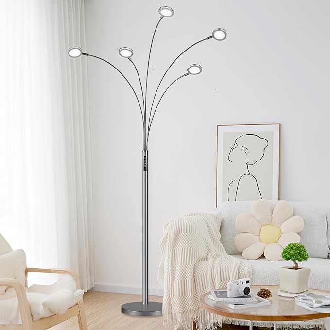 LED Arc Floor Lamp with Remote, 2250LM Dimmable Black Chrome Floor Lamp with Timer, Adjustable Colors, Brightness & 5 Adjustable Arms, Multi-Head Tall Tree Standing Lamp for Living Room Bedroom Office