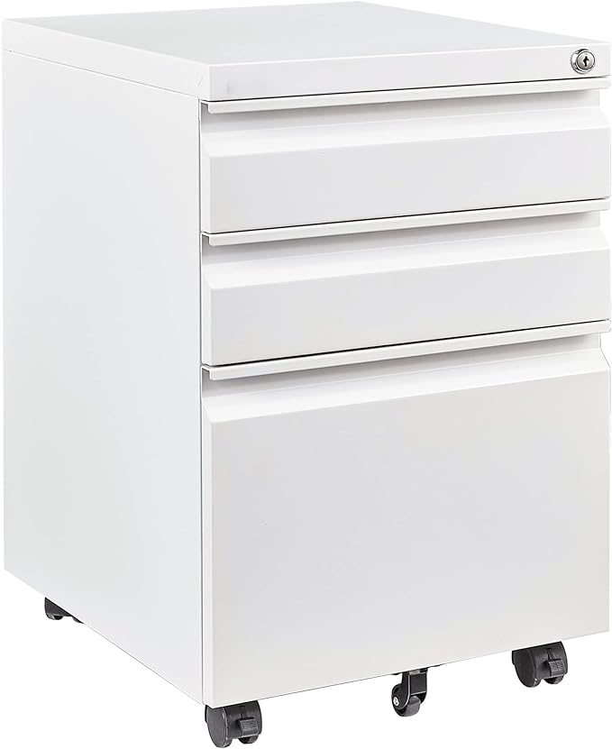 3 Drawer File Cabinet with Wheels,Under Desk File Cabinet with Lock,White Rolling Filing Cabinet,Three Drawer Metal Filing Cabinets for Home Office,Fit A4/Letter/Legal,Fully Assembled Except Casters