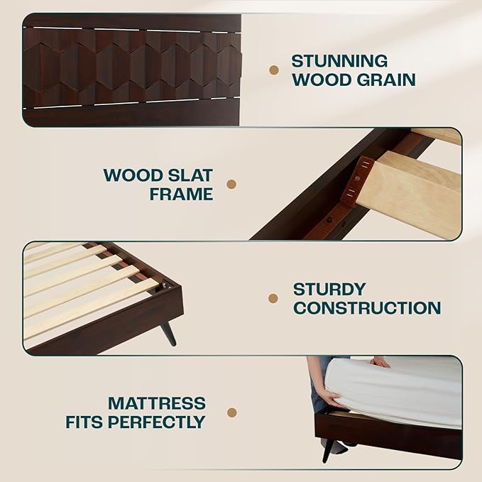 Bme Georgina Signature Bed Frame with Handcrafted Geometric Headboard, Mid Century Modern, Solid Acacia Wood, No Box Spring Needed, 12 Strong Wood Slats Support, Easy Assembly, Walnut, King