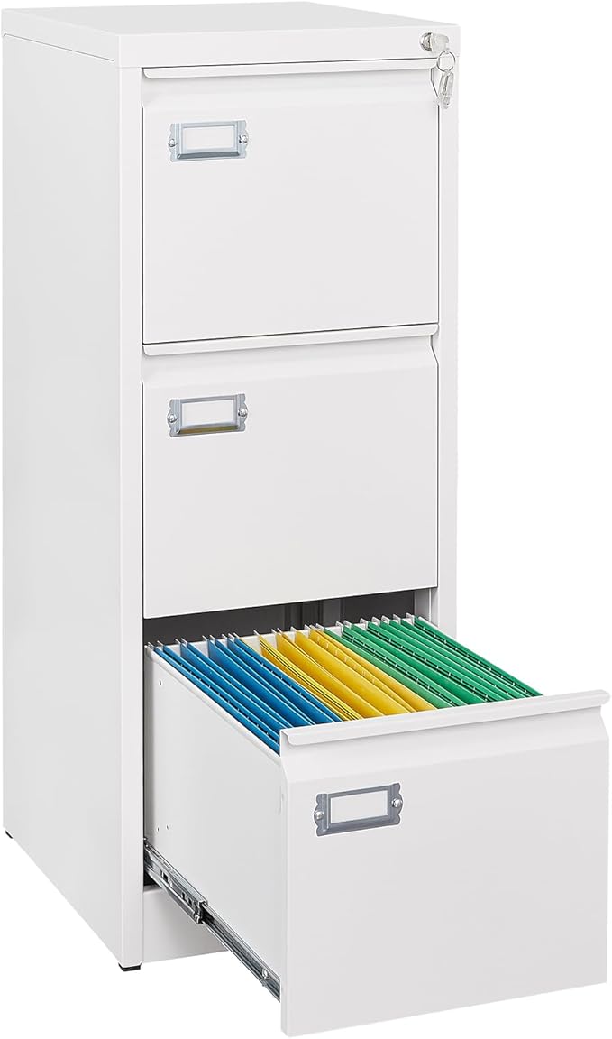 SISESOL 3 Drawer File Cabinet with Lock and Tag,Narrow Three Drawer Filing Cabinet,Vertical Metal File Cabinets,White Filing Cabinets for Home Office Fit Letter/A4/Legal Size File,Easy Assembly