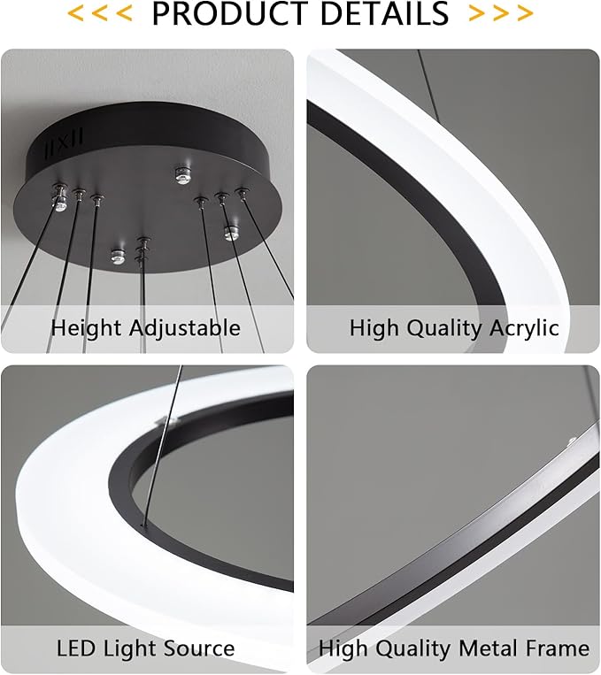 Modern LED Chandelier, 3 Ring Chandelier for Dining Room Living Room Pendant Lighting Fixture High Ceiling Hanging LED Pendant Ceiling Light Fixture for Bedroom Foyer （Black）