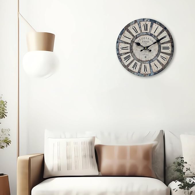 16 Inch Vintage Wall Clock, Roman Numerals Style, Battery Operated, Non-Ticking, Large Farmhouse Clock, Rustic Wall Decor, Perfect for Home, Kitchen, Living Room