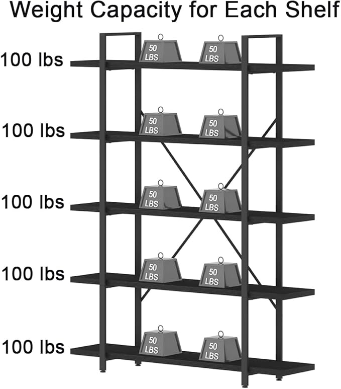 HSH 5 Tier Tall Black Bookshelf, Wood and Metal Storage Book Rack, Industrial Modern Etagere 5 Shelf Bookcase, Large Wide Open Display Book Shelf for Bedroom Living Room Office, Bookshelves Heavy Duty