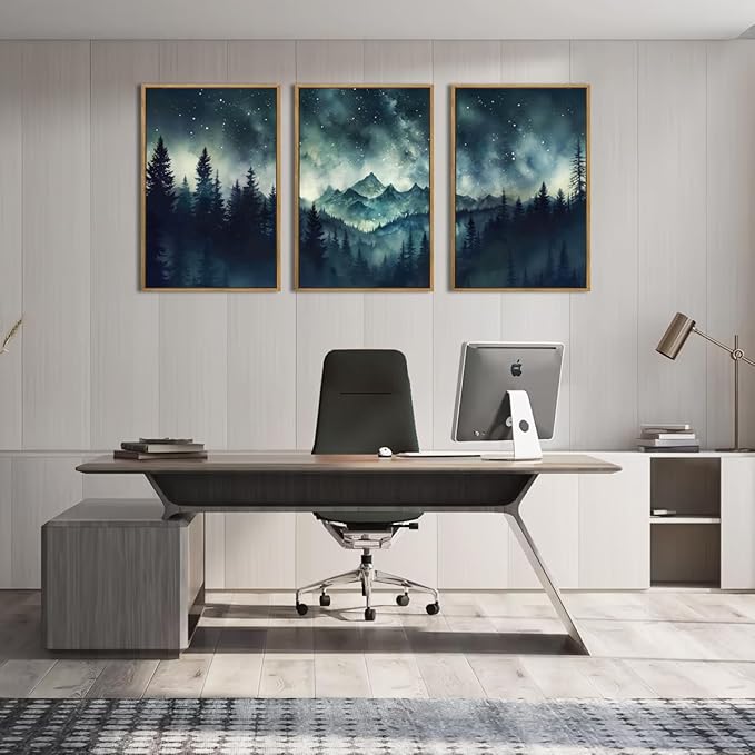 Large Misty Forest Mountain Wall Art Framed Dark Starry Sky Wall Decor Modern Wilderness Art Print for Living Room Bedroom Office 16x24 Inch Set of 3