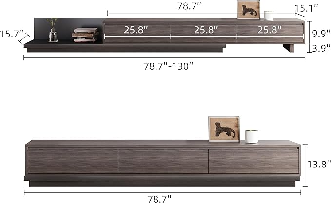 Mid-Century Modern Extendable TV Cabinet with 3 Drawers,Entertainment Center Adjustable from 78.7" to 130",TV Stand for Living Room,Black Walnut