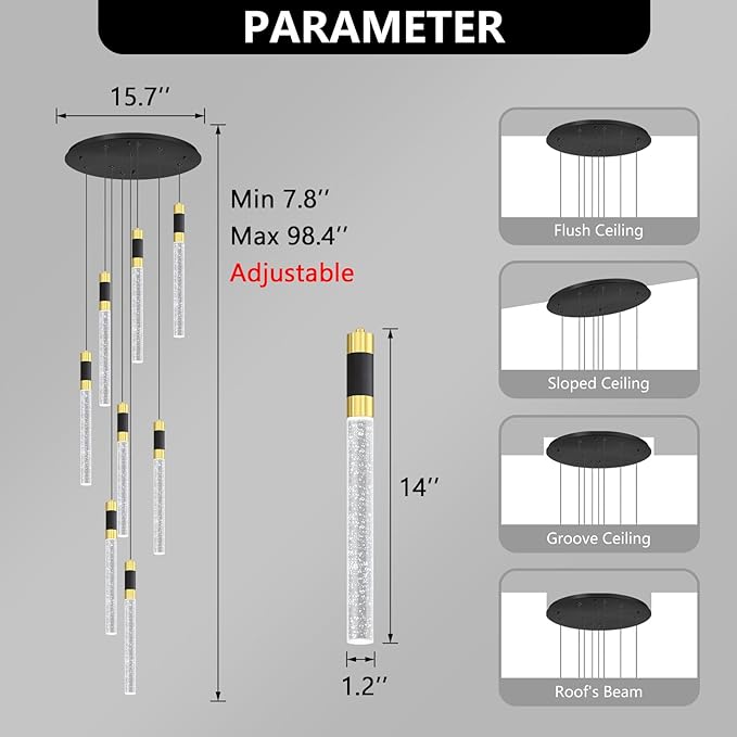8-Lights 98 Inches Modern Chandelier LED Light Fixtures Adjustable Long Light Chandelier for Hallway Foyer Dimmable Lights with Remote Dining Kitchen Ceiling Pendant Lighting