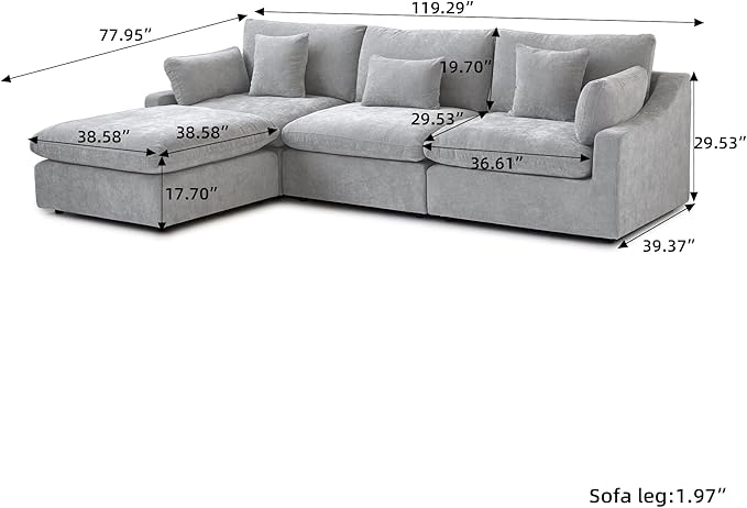 120" Cloud Couch Sectional for Living Room, L Shape Down Filled Modular Sectional Sofa Couch,Convertible Couched with Ottoman, Sofa Covers Washable&Replaceable,Gray