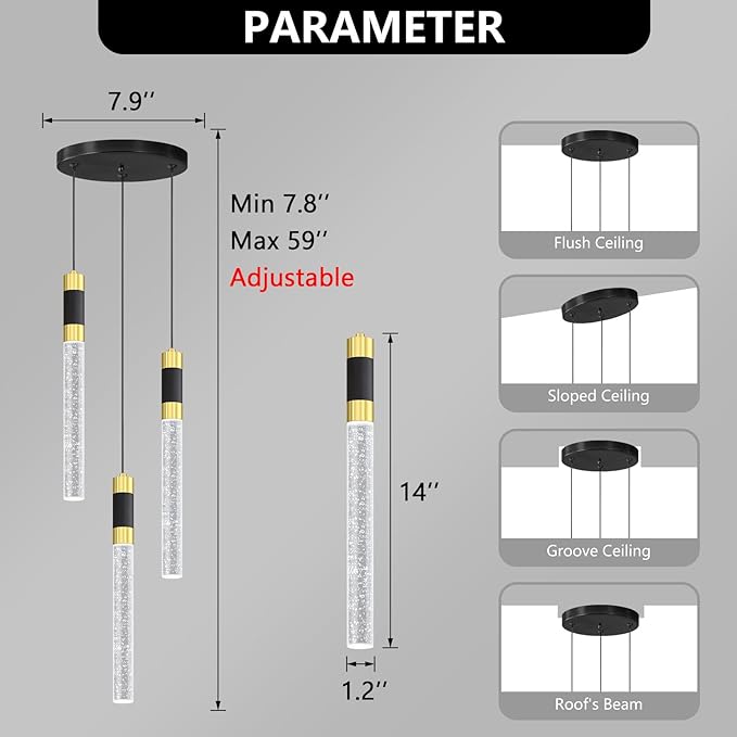 Modern Pendant Lighting 3-Lights LED Crystal Kitchen Island Pendant Light Dimmable with Remote Control 3000K-6000K for Dining Room Over Table Pendant Lights Fixtures