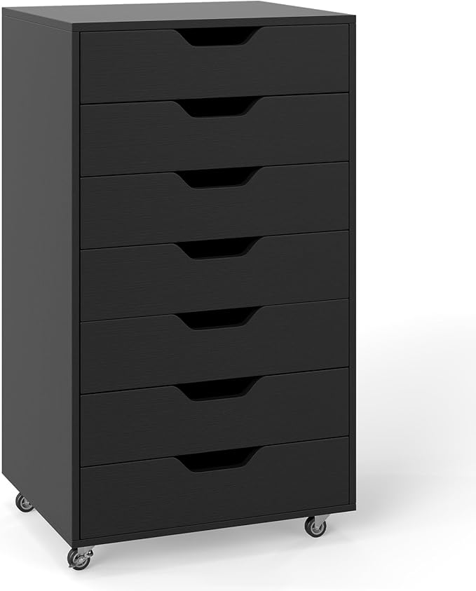 LOKO 7-Drawer Storage Cabinet, Versatile Drawer of Chest with Lockable Wheels, Mobile Office Lateral File Cabinet, for Home Office, Study (Black, 16" D x 19.5" W x 34.5" H)