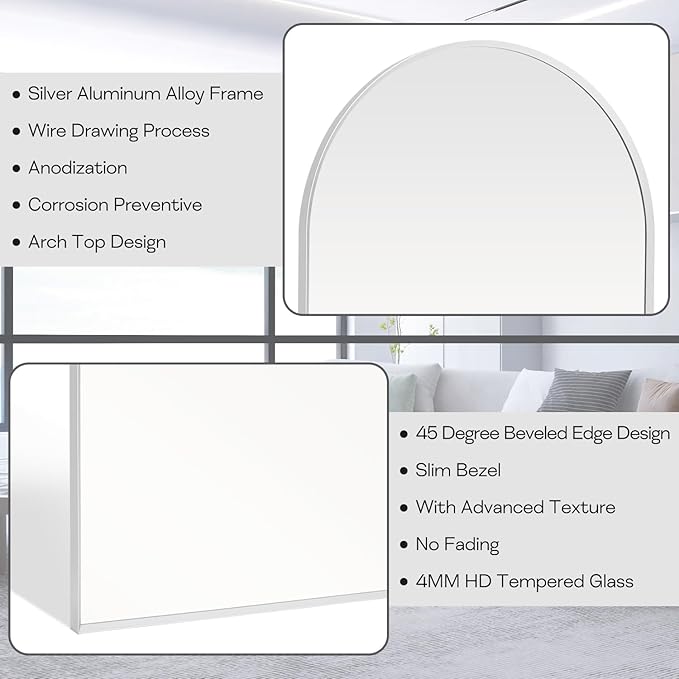24" x 36" Silver Arched Mirror, Modern Aluminum Alloy Metal Frame, Arch Bathroom Vanity and Wall Decor Mirror for Bathroom, Living Room, Bedroom, Entryway
