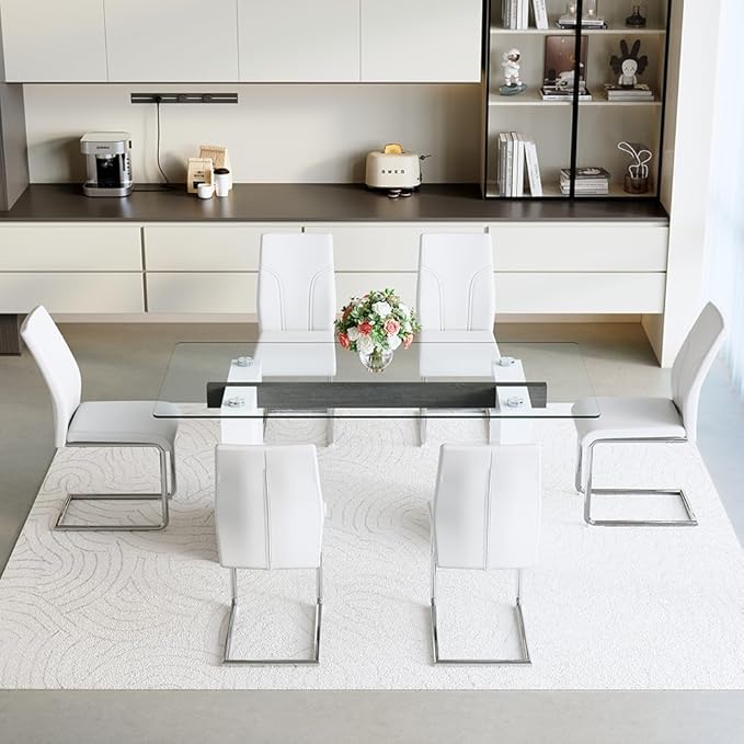 FURNITO Modern Dining Table Set for 6, Kitchen Table and Chairs for 6,71 in Glass Dining Table with 6 PU Leather Dining Chairs for Kitchen Dining Room（White Table+6 White Chair）