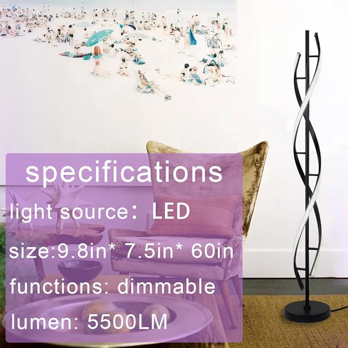 ADISUN 40W LED Modern Floor Lamp Remote Control Dimmable Spiral Floor Lamp Indoor Tall Lamp Floor Lamp for Living Rooms Family Rooms Bedrooms Offices Lighting (Black)