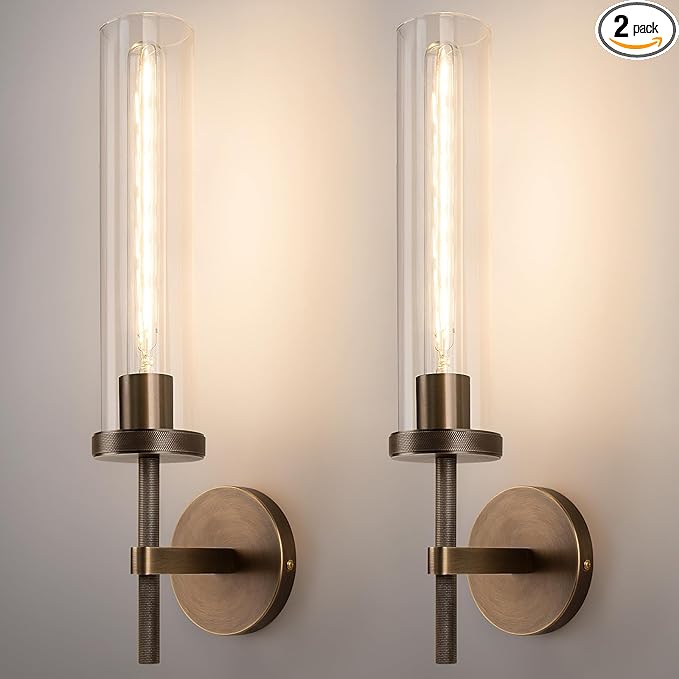 19.5" Knurled Brass Wall Sconces Set of 2, Bronze Bathroom Vanity Light Fixtures with Clear Glass Tube, Modern Lamp Lighting for Bedroom, Living Room, Hallway, Staircase, Mirror, Kitchen