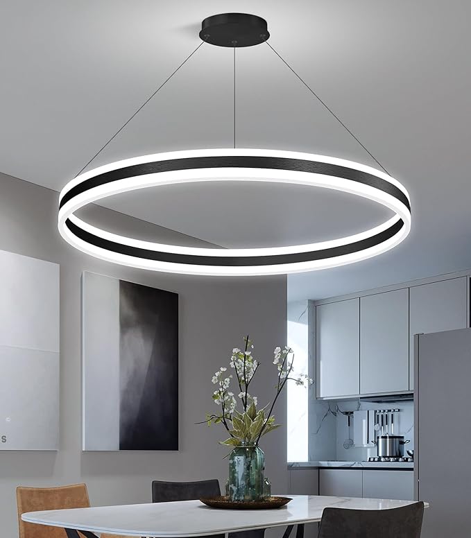 D31.5'' Modern Ring Chandelier for Dining Room LED Dimmable Pendant Lighting High Ceiling Chandelier for Living Room Foyer Bedroom Entryway 3000K-6000K Black