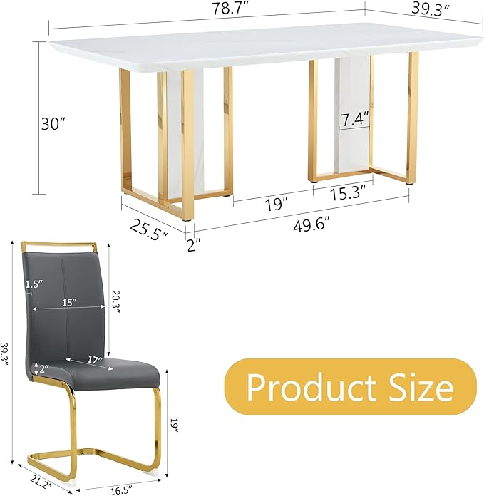 79-inch Modern Dining Table Set for 10 with 1.8 Inch Faux Marble Table Top & 10 PU Leather Chairs, White Luxury Kitchen and Dining Room Furniture Set