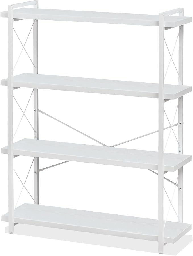 HCHQHS Bookshelf, 4-Tier Industrial Bookcase, White Open Book Shelf, Freestanding Tall Bookshelves with Metal Frame