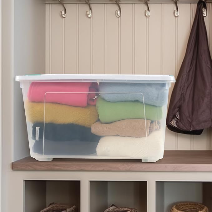 85 L Clear Latch Storage Bin with Lid and Wheels, Stackable Plastic Storage Boxs, 4 Packs