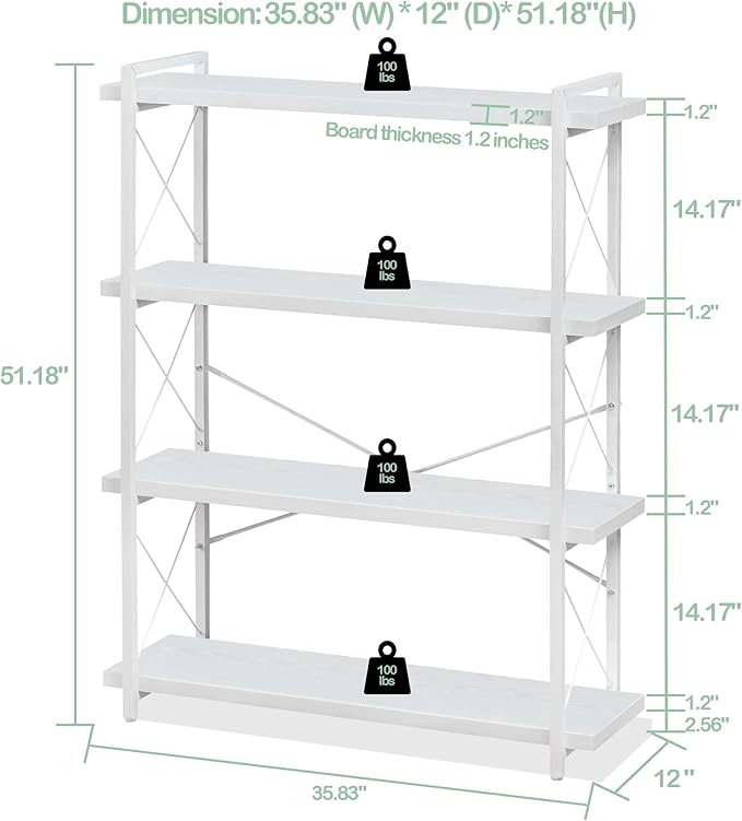 HCHQHS Bookshelf, 4-Tier Industrial Bookcase, White Open Book Shelf, Freestanding Tall Bookshelves with Metal Frame