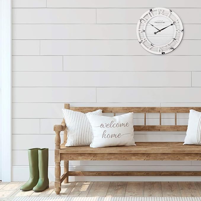 Presentime & Co 10" Farmhouse Series Wall Clock, Shiplap Style, Raised 3D Arabic Numeral, Antique Distressed White