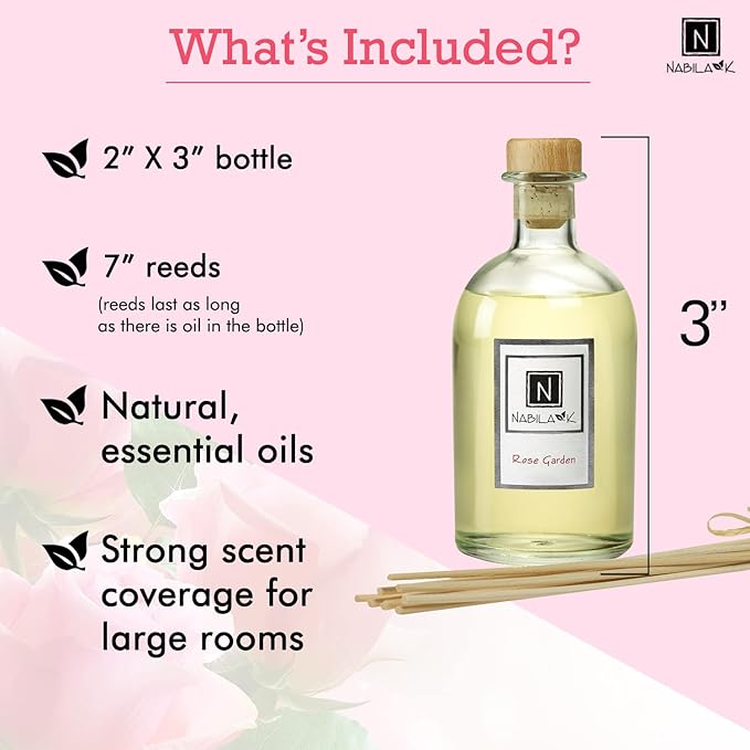 Nabila K Rose Garden Reed Diffuser Set – Damask Rose Aromatic Oil for Home – Long-Lasting, Smokeless Scent – Made in USA – Includes Reeds + Bottle – Flameless Candle Alternative