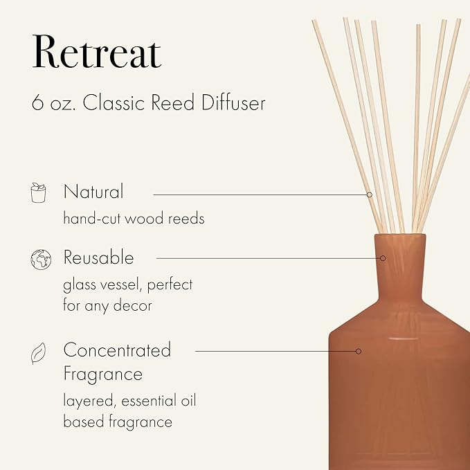 LAFCO New York Classic Reed Diffuser, Retreat - 6 oz - Up to 3 Months Fragrance Life - Reusable Glass Vessel - Natural Wood Reeds - Made in The USA