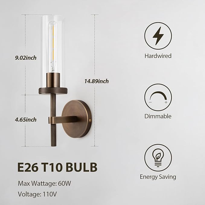 15" Knurled Brass Wall Sconces Set of 2, Bronze Bathroom Vanity Light Fixtures with Clear Glass Tube, Modern Lamp Lighting for Bedroom, Living Room, Hallway, Staircase, Mirror, Kitchen