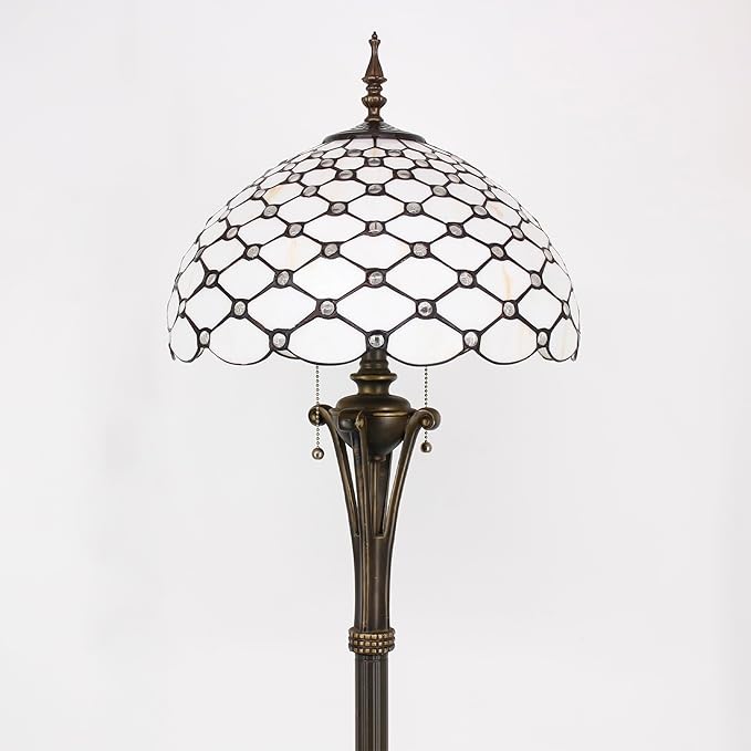 Tiffany Floor Lamp Cream Amber Bead Stained Glass Standing Reading Light 16X16X70 Inches Antique Pole Corner Lamp Decor Bedroom Office Living Room