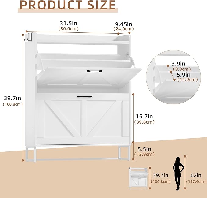 Urban Deco Shoe Storage Cabinet for Entryway, Organizer Shoe Cabinet with 2 Flip Drawers, Elegant 2 Tier Freestanding Shoe Organizer Anti-Tipping Design (White)