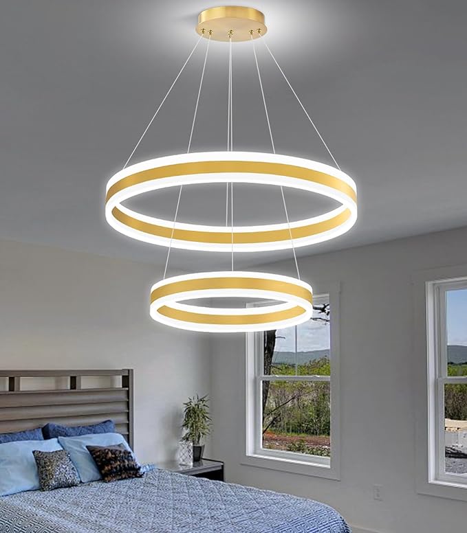 D15.7''+23.6'' Modern Ring Chandelier for Dining Room LED Dimmable Pendant Lighting for Living Room Foyer Bedroom Entryway 3000K-6000K Gold