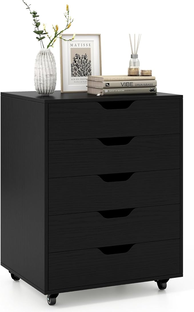 LOKO 5-Drawer Storage Cabinet, Versatile Drawer of Chest with Lockable Wheels, Mobile Office Lateral File Cabinet, for Home Office, Study (Black, 16" D x 19.5" W x 25.5" H)