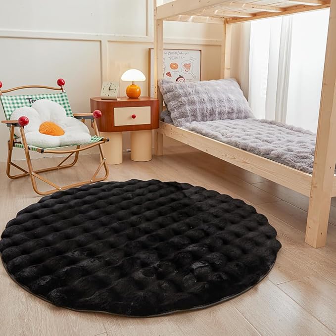 chovy Black Round Faux Fur Area Rug, 4'X4', Modern Style, Machine Made, Grid Pattern, 2 Inch Pile Height, Indoor Use Only